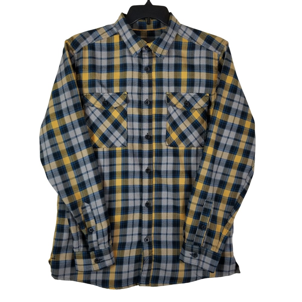 Mountain Hardwear Plaid Flannel Shirt Mens Medium Yellow Blue Grey Button Up